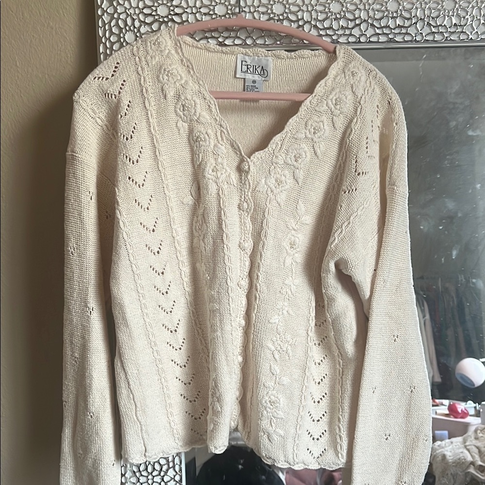 Down inspired Erika Cream V-Neck Cable Knit Sweater